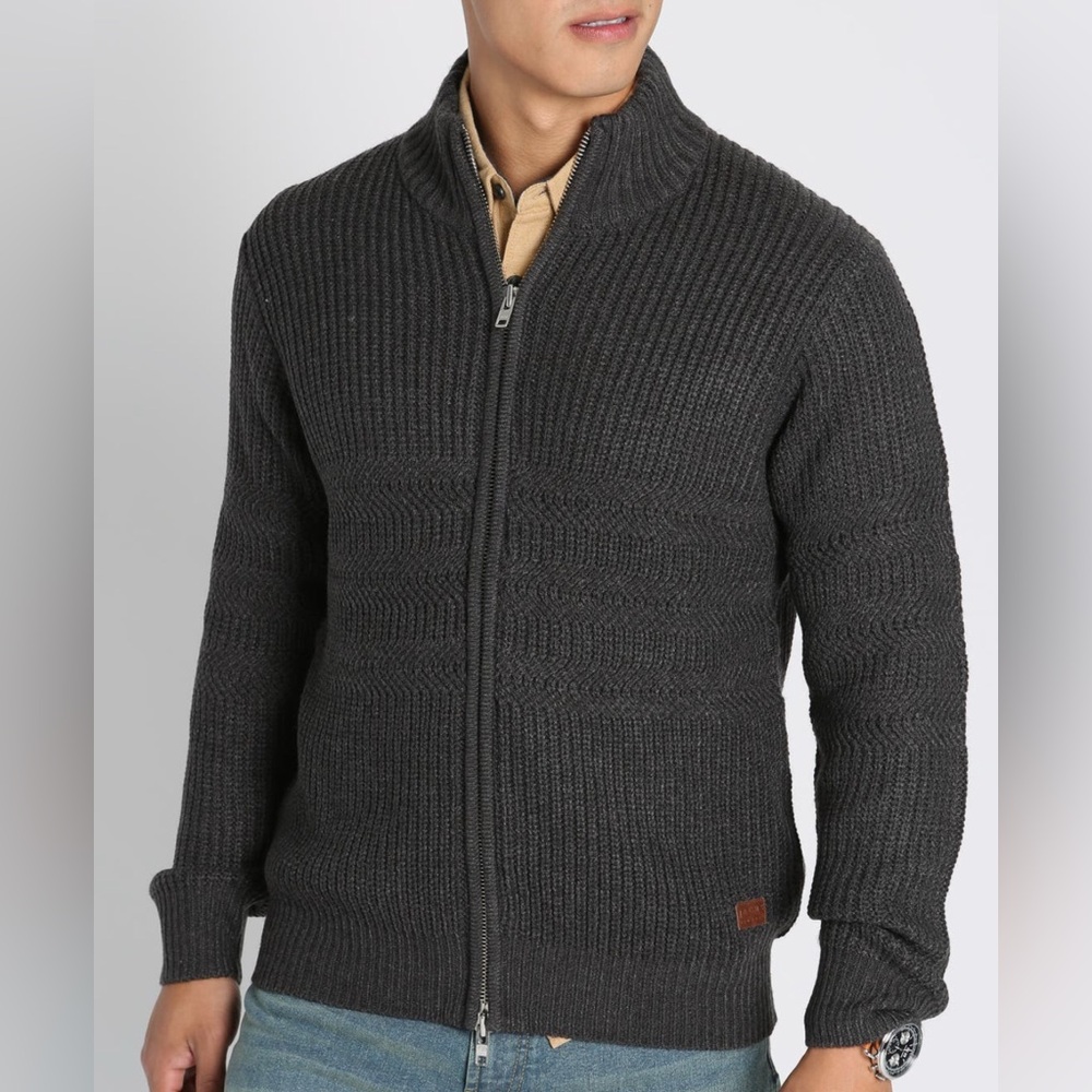 Jachs Gray 2-way Full Zip Up Sweater with Ribbed Knit Charcoal Mockneck
